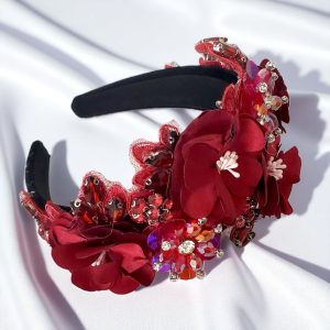 Bentita cu flori si cristale Boema burgundy