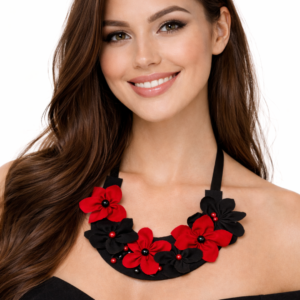 Colier cu flori textile lucrat manual Dark Passion 5