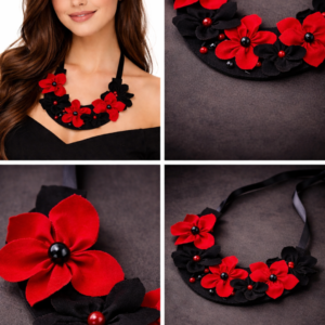 Colier cu flori textile lucrat manual Dark Passion 6