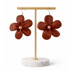 Cercei din piele naturala model floare maro Latte XL 1