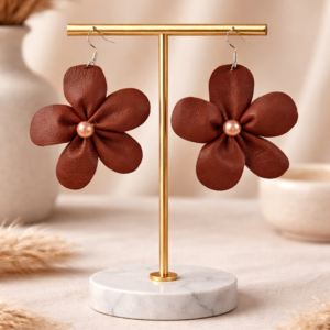 Cercei din piele naturala model floare maro Latte XL 3